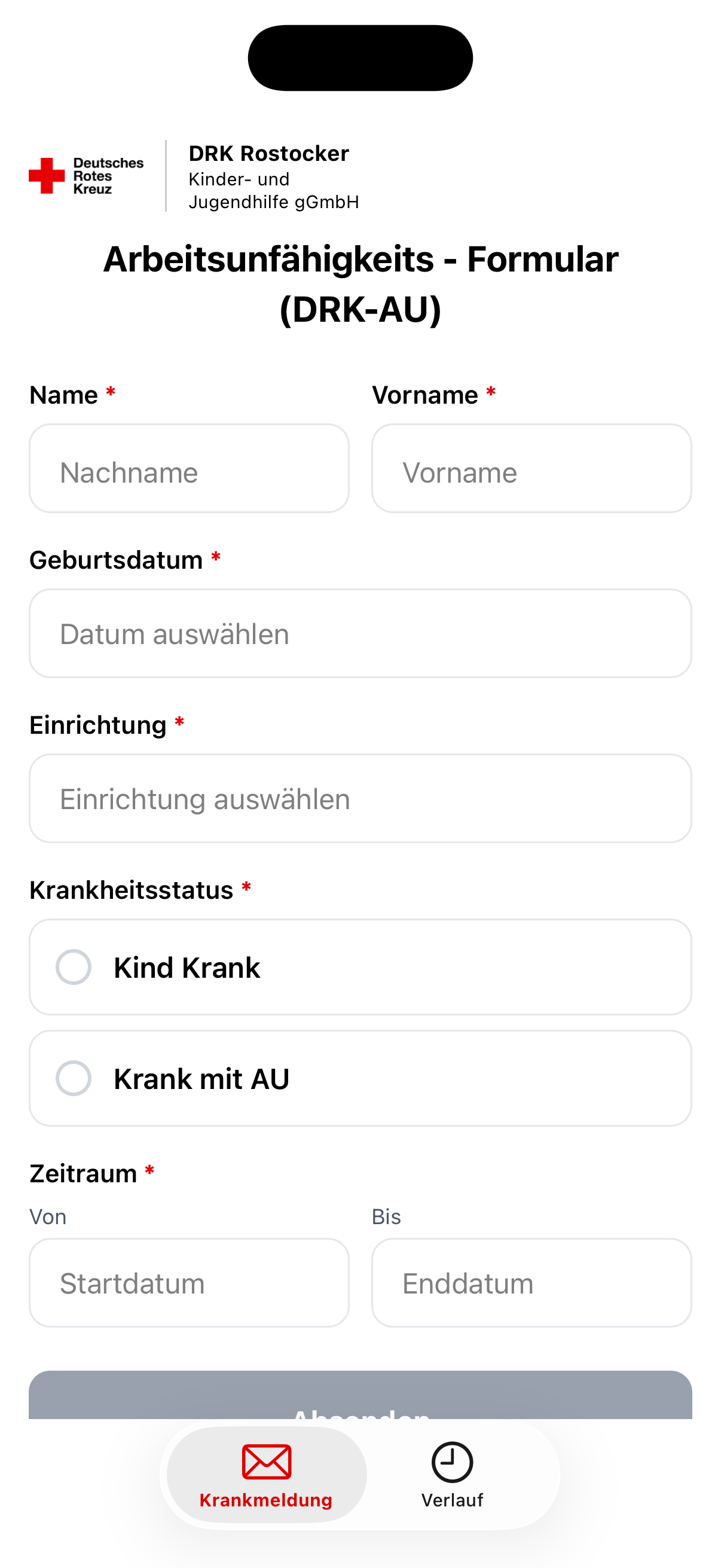 Startseite der AU-Melder App