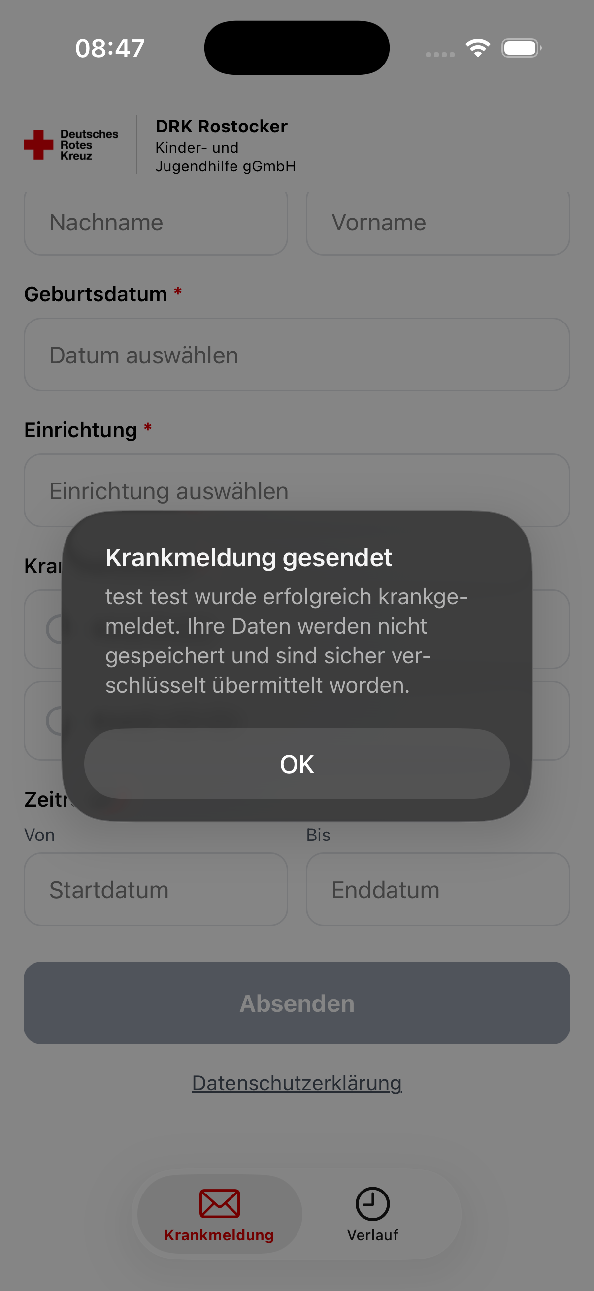 Bestätigung nach erfolgreicher Übermittlung