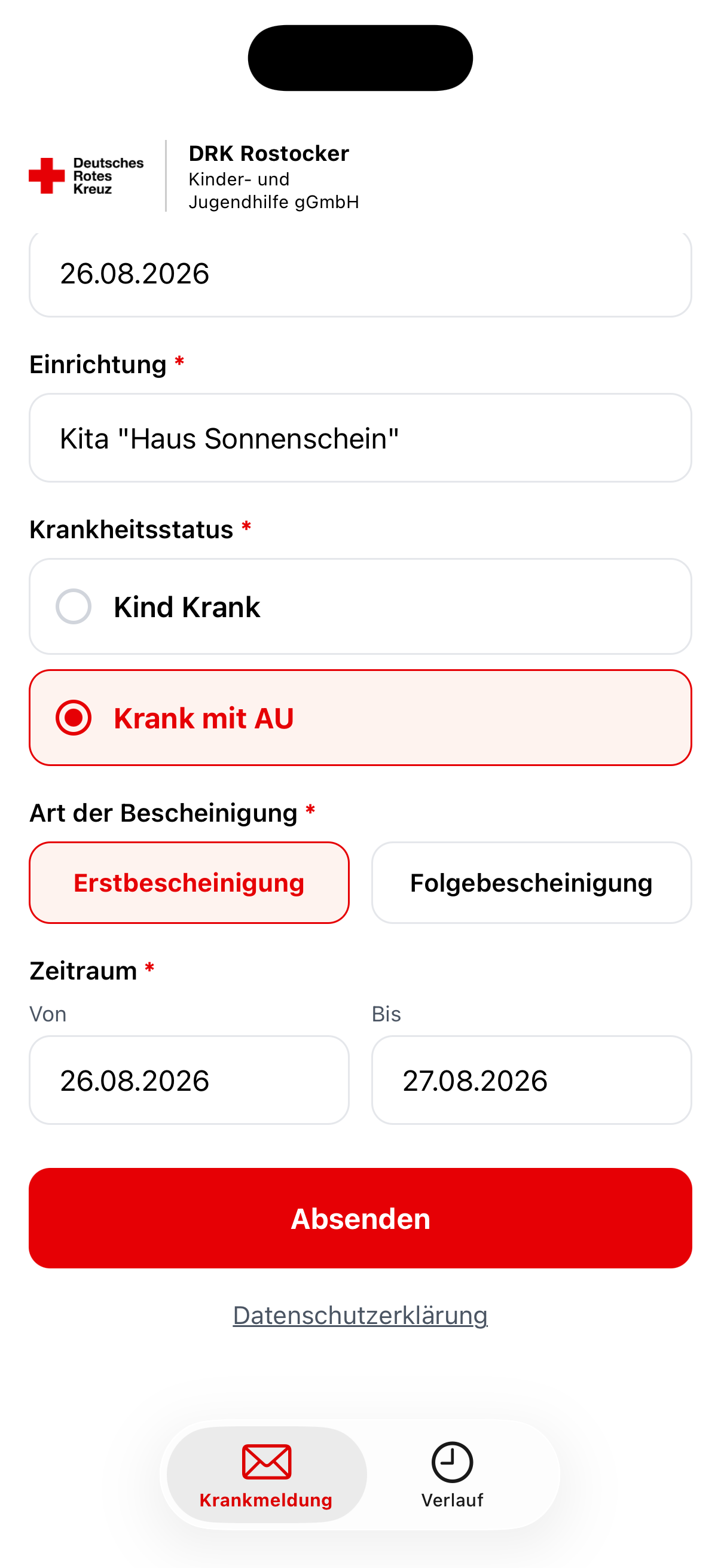 Vollständig ausgefüllte Krankmeldung vor dem Absenden prüfen